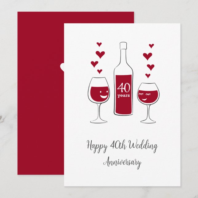 Happy 40th Wedding Anniversary Red Wine Heart Card (Front/Back)