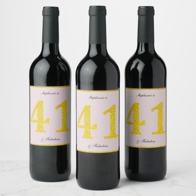 Happy 41st Birthday Blush Pink Gold Glitter Party Wine Label (Bottles)