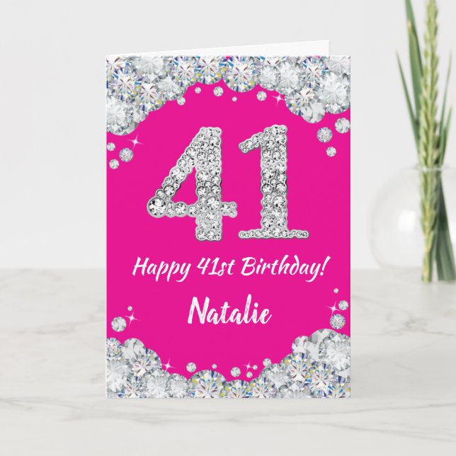 Happy 41st Birthday Hot Pink and Silver Glitter Card (Front)