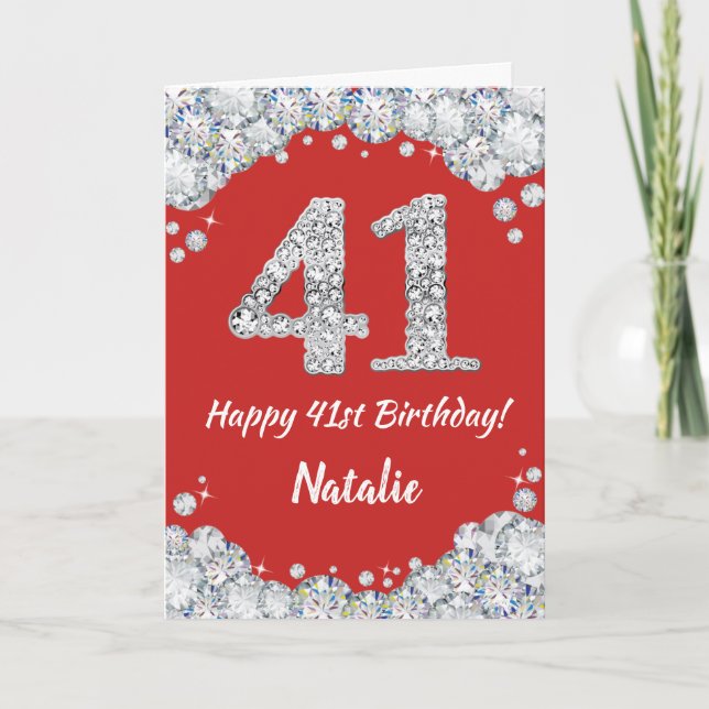 Happy 41st Birthday Red and Silver Glitter Card (Front)