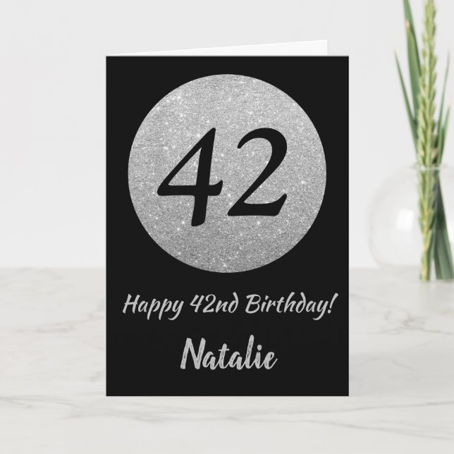 Happy 42nd Birthday Black and Silver Glitter Card (Front)