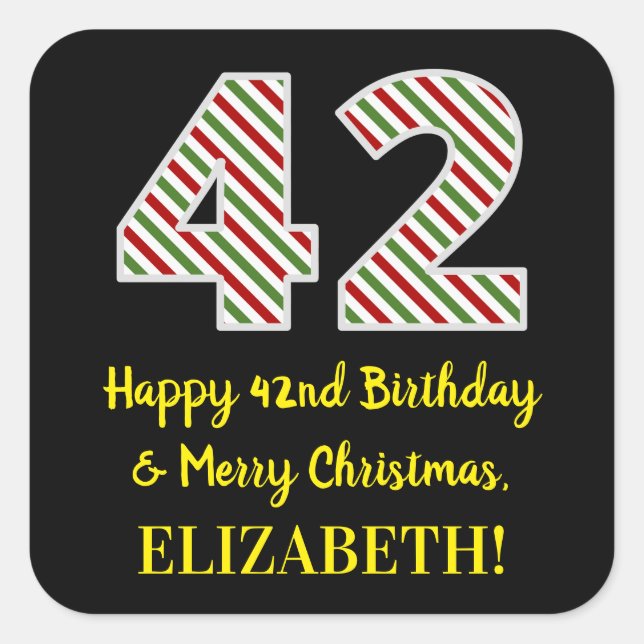 Happy 42nd Birthday & Merry Christmas, Custom Name Square Sticker (Front)