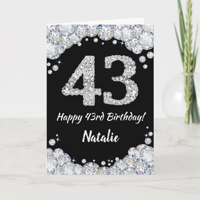 Happy 43rd Birthday Black and Silver Glitter Card (Front)