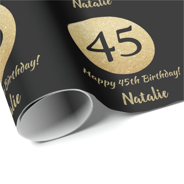 Happy 45th Birthday Black and Gold Glitter Wrapping Paper (Roll Corner)