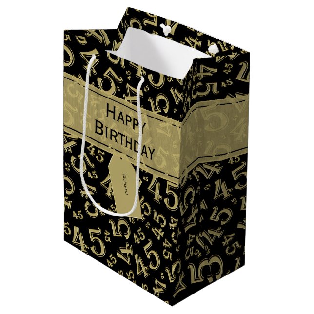 Happy 45th Birthday Number Pattern Black/Gold Medium Gift Bag (Front Angled)