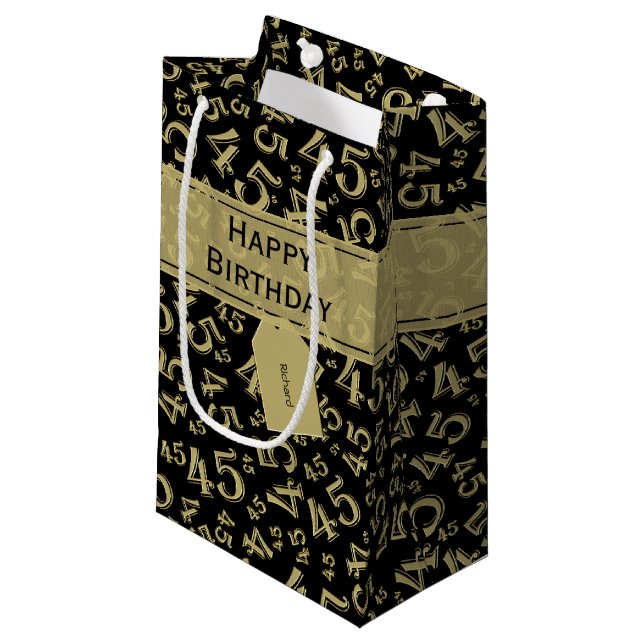 Happy 45th Birthday Number Pattern Black/Gold Small Gift Bag (Front Angled)