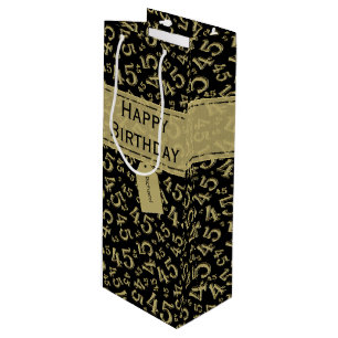 Happy 45th Birthday Number Pattern Black/Gold Wine Gift Bag