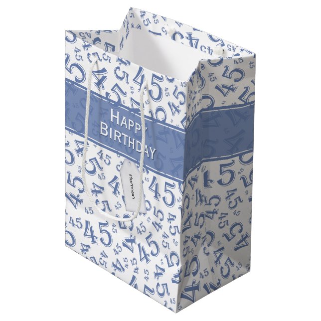 Happy 45th Birthday Number Pattern Blue/White Medium Gift Bag (Front Angled)
