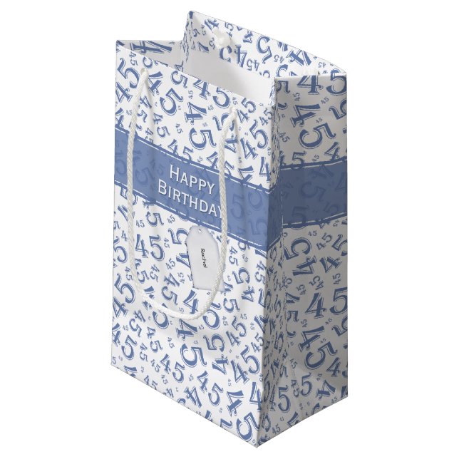 Happy 45th Birthday Number Pattern Blue/White Small Gift Bag (Front Angled)