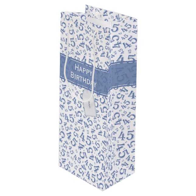 Happy 45th Birthday Number Pattern Blue/White Wine Gift Bag (Front Angled)