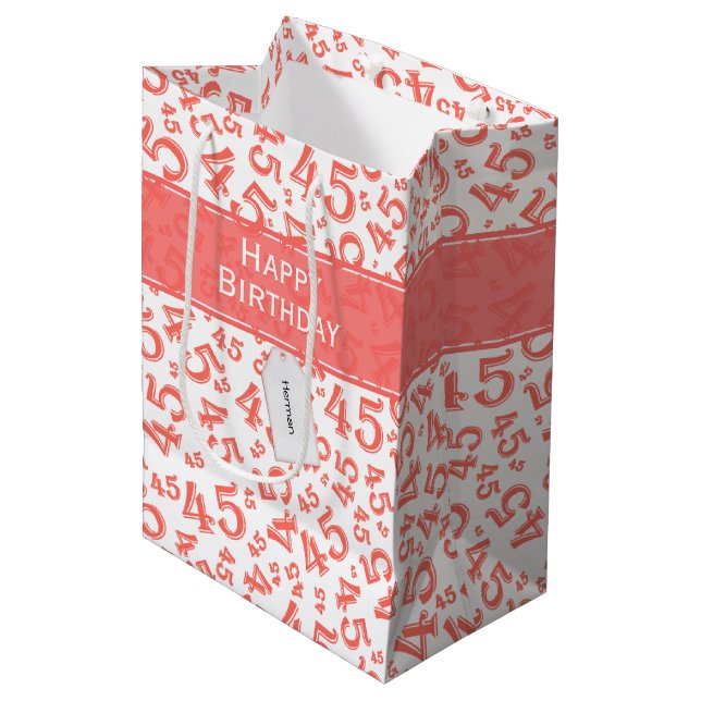 Happy 45th Birthday Number Pattern Coral/White Medium Gift Bag (Front Angled)