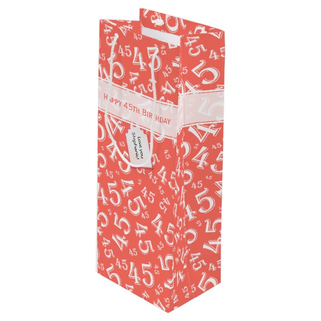 Happy 45th Birthday Number Pattern Coral/White Wine Gift Bag (Front Angled)