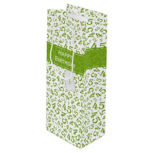 Happy 45th Birthday Number Pattern Green/White Wine Gift Bag (Front Angled)