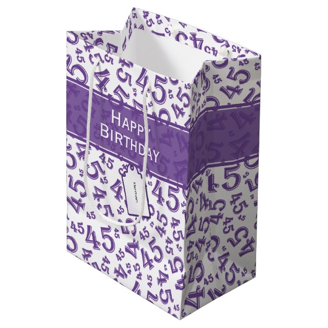 Happy 45th Birthday Number Pattern Purple/White Medium Gift Bag (Front Angled)