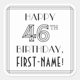 HAPPY 46TH BIRTHDAY, Art Deco Style, Custom Name Square Sticker