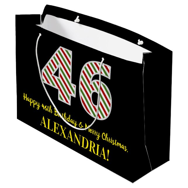 Happy 46th Birthday & Merry Christmas, Custom Name Large Gift Bag (Back Angled)