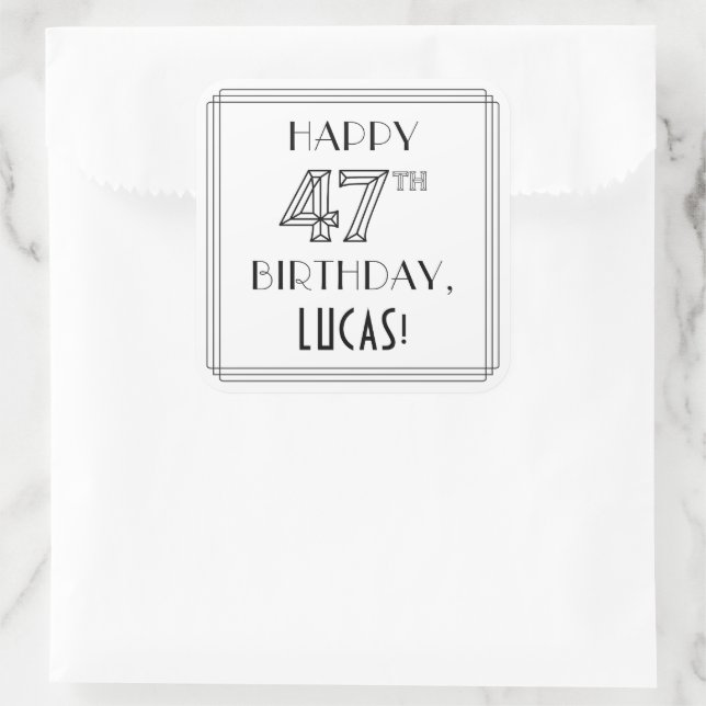 HAPPY 47TH BIRTHDAY, Art Deco Style, Custom Name Square Sticker (Bag)