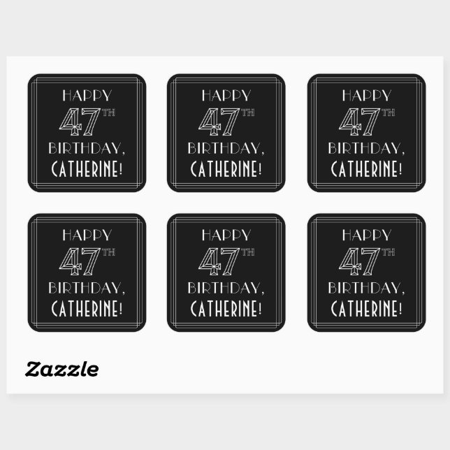HAPPY 47TH BIRTHDAY; Art Deco Style; Custom Name Square Sticker (Sheet)
