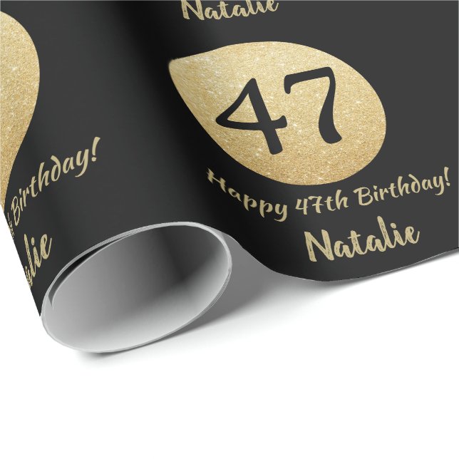 Happy 47th Birthday Black and Gold Glitter Wrapping Paper (Roll Corner)