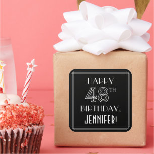 HAPPY 48TH BIRTHDAY; Art Deco Style; Custom Name Square Sticker
