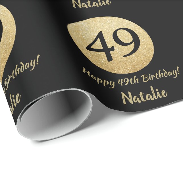 Happy 49th Birthday Black and Gold Glitter Wrapping Paper (Roll Corner)