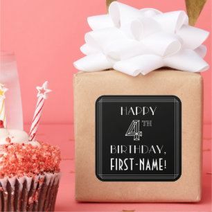 HAPPY 4TH BIRTHDAY; Art Deco Style; Custom Name Square Sticker