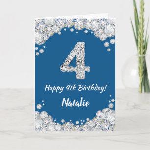 Happy 4th Birthday Blue and Silver Glitter Card