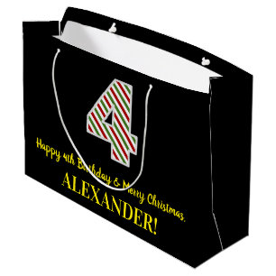 Happy 4th Birthday & Merry Christmas, Custom Name Large Gift Bag