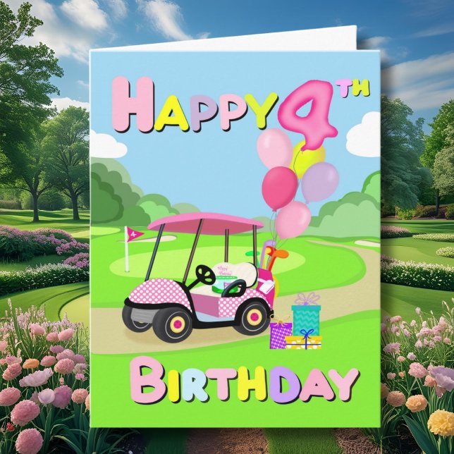 Happy 4th Birthday Polka Dot Pink Girly Golf Card (Creator Uploaded)