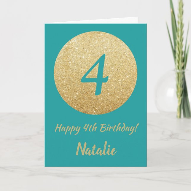 Happy 4th Birthday Teal and Gold Glitter Card (Front)
