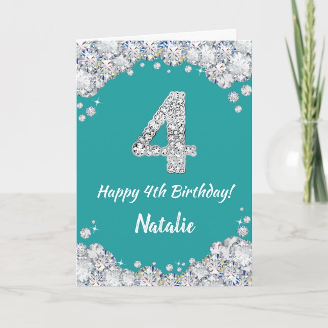 Happy 4th Birthday Teal and Silver Glitter Card (Front)