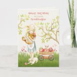 Happy 4th Birthday to Granddaughter Card<br><div class="desc">Cute watercolor happy 4th birthday for young granddaughter,  featuring a country girl hugging a rooster while a kitten looks over a wagon full of strawberries and watches a puppy playing with a ball of string in the green grass.</div>