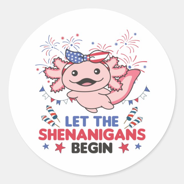 Happy 4th Cute Axolotl With Fireworks America Classic Round Sticker (Front)