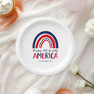 Happy 4th of July America Red White Blue Rainbow Paper Plate