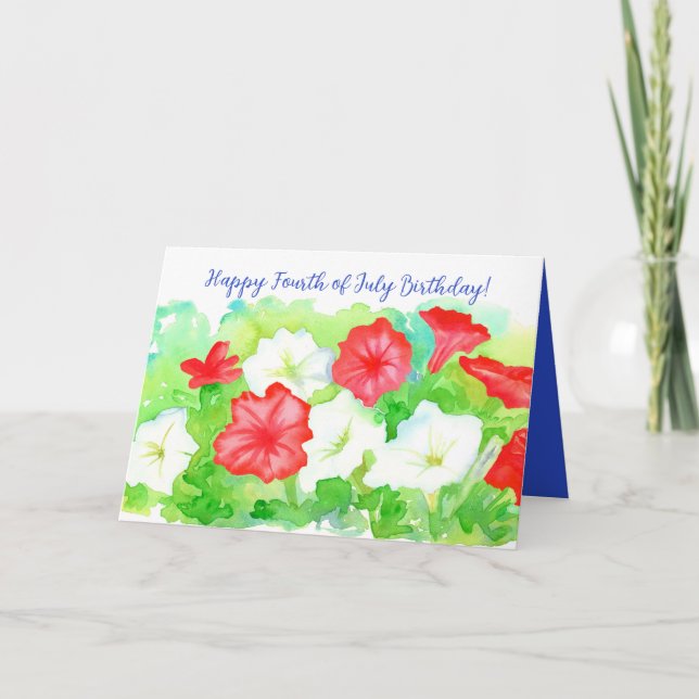 Happy 4th of July Birthday Red White Blue Flowers Card (Front)