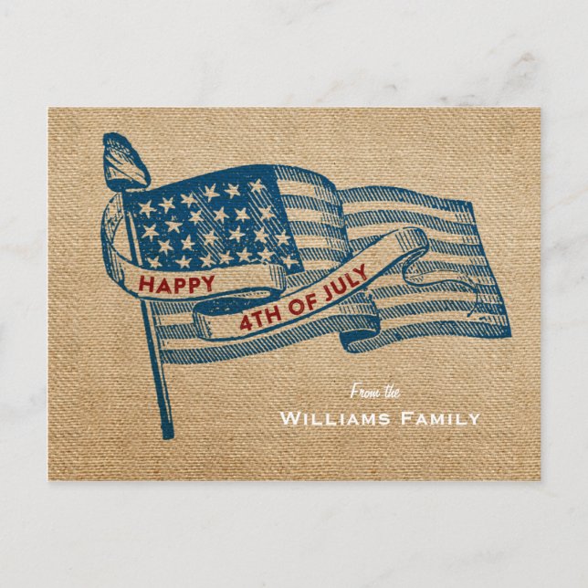Happy 4th of July Burlap Flag Postcard (Front)