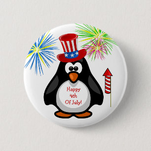 HAPPY 4TH OF JULY Cute Penguin Fireworks Rocket 2 Inch Round Button