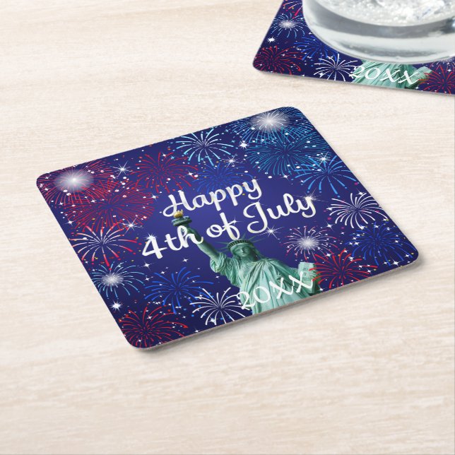 Happy 4th of July Fireworks Square Paper Coaster (Angled)