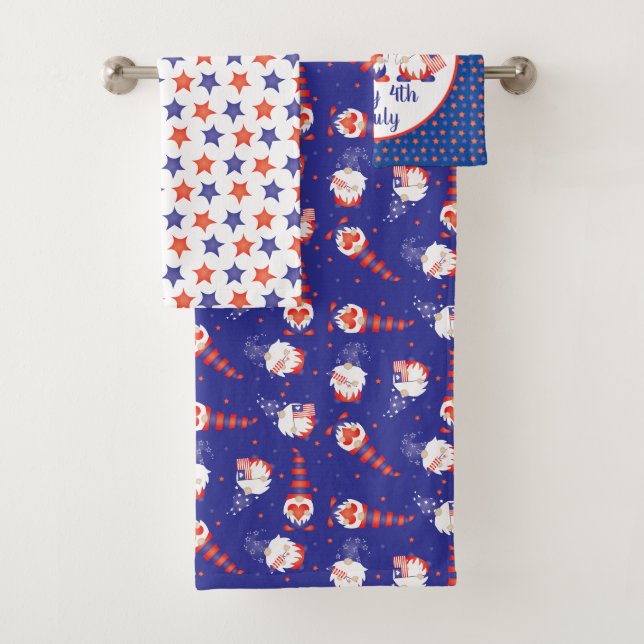 Happy 4th of July Gnomes Red White Blue Bath Towel Set (Insitu)