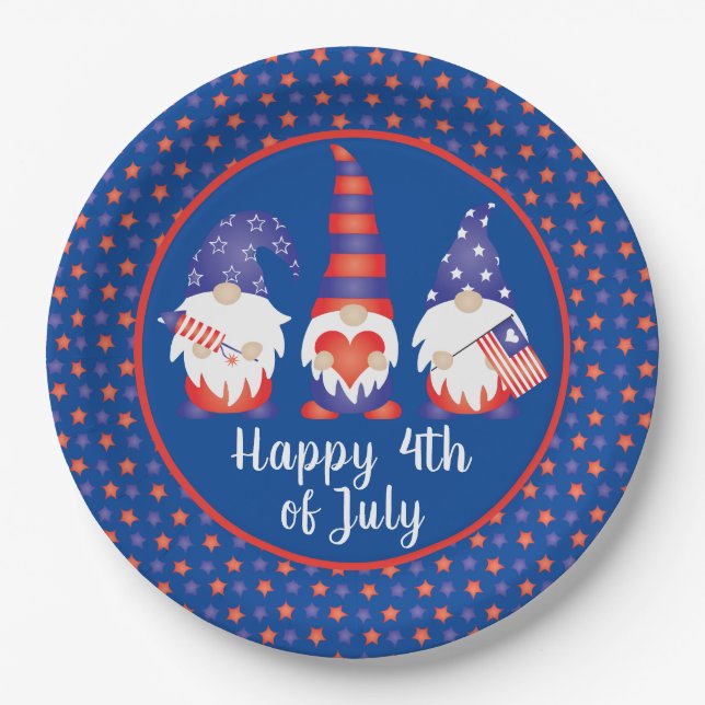 Happy 4th of July Gnomes Red White Blue Paper Plate (Front)
