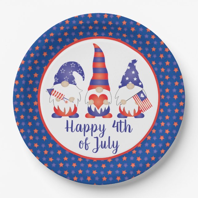 Happy 4th of July Gnomes Red White Blue Paper Plate (Front)