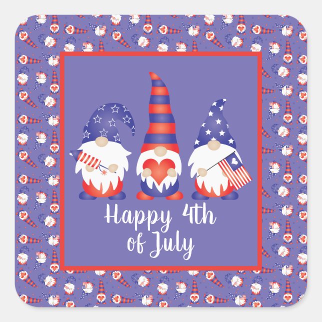 Happy 4th of July Gnomes Red White Blue Square Sticker (Front)