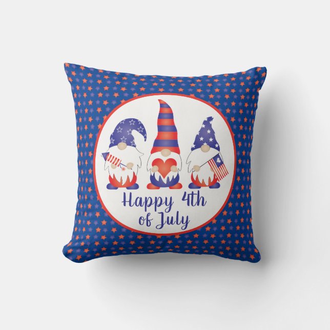 Happy 4th of July Gnomes Red White Blue Throw Pillow (Front)