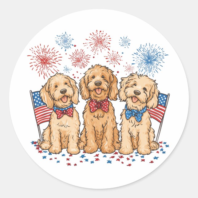 Happy 4th Of July Goldendoodle Dogs Fireworks Classic Round Sticker (Front)