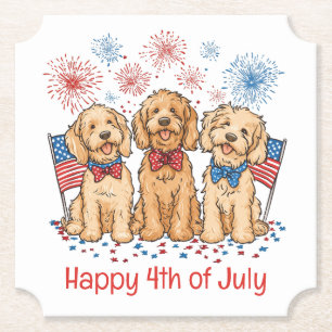 Happy 4th Of July Goldendoodle Dogs Fireworks Paper Coaster