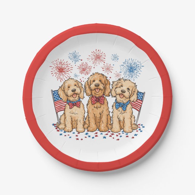 Happy 4th Of July Goldendoodle Dogs Fireworks Paper Plate (Front)
