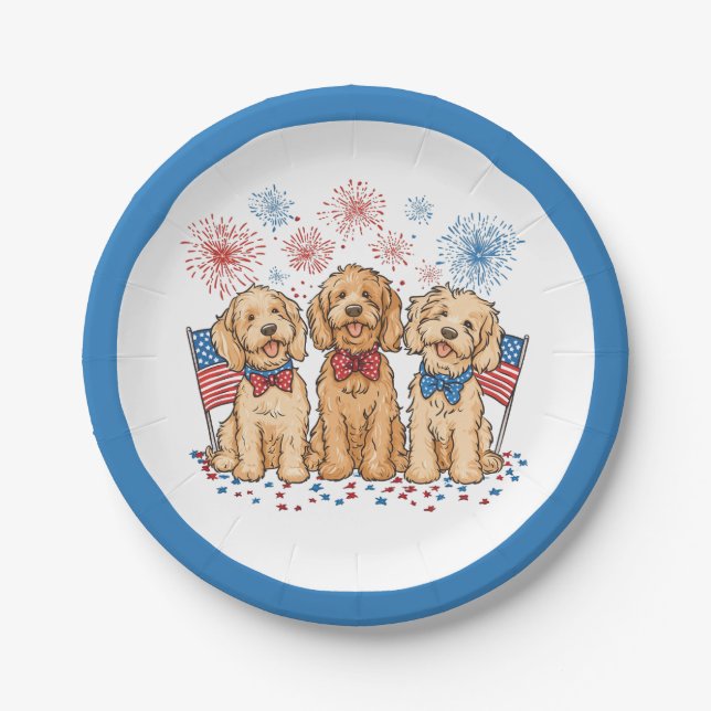 Happy 4th Of July Goldendoodle Dogs Fireworks Paper Plate (Front)
