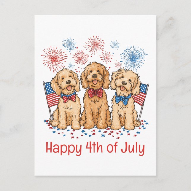 Happy 4th Of July Goldendoodle Dogs Fireworks Postcard (Front)