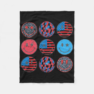 Happy 4th Of July Groovy Smile Face Red White Blue Fleece Blanket