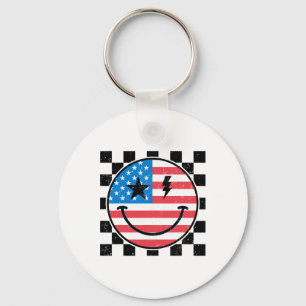 Happy 4th Of July Groovy Smile Face Red White Blue Keychain